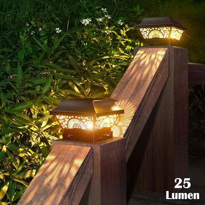 DenicMic Solar Post Lights 2 Pack Solar Post Cap Lights Outdoor Waterproof Metal 25 Lumen Warm White LED Lighting for 3.5x3.5 4x4 5x5 Wooden Fence Posts, Deck Rail, Yard, Patio, Garden (Black)