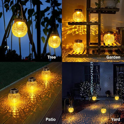 DBF Solar Lanterns Outdoor 2 Pack - Waterproof IP65 Hanging Solar Lights with Warm Amber & RGB Colors, Crackle Glass LED Ball Lights Globes Garden Decorative for Patio Tree Backyard Pathway Railing
