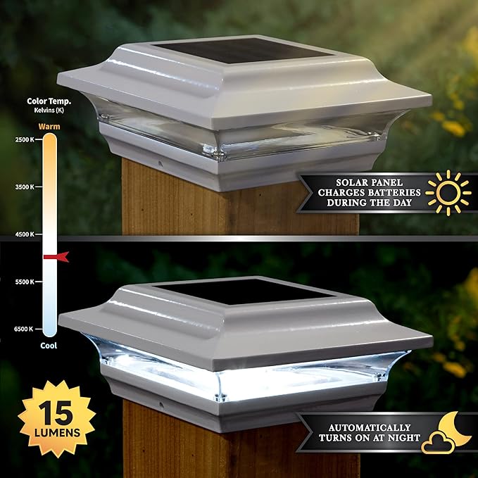 Classy Caps SL211W 4x4 Imperial Solar Post Cap, White–High-Performance LED Lights, Durable Cast Aluminum, Warm and Cool Light Modes, Fits 4"x4" or 3.5"x3.5" Posts, Ideal for Decks, Fences(Pack of 6)