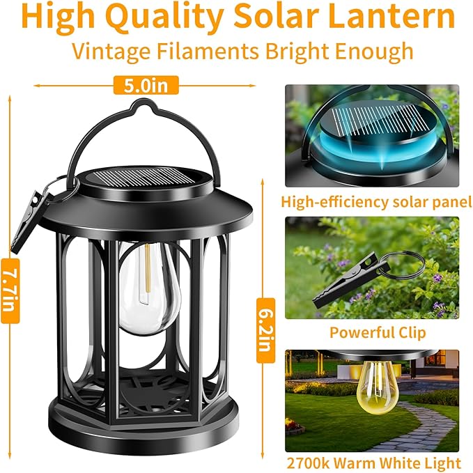 Solar Lanterns Outdoor Waterproof: Hanging Solar Lights with Handle & Clip for Outside Patio ,Porch ,Garden, Tabletop Decor - Bright LED Warm White Solar Powered Lighting，2 Pack