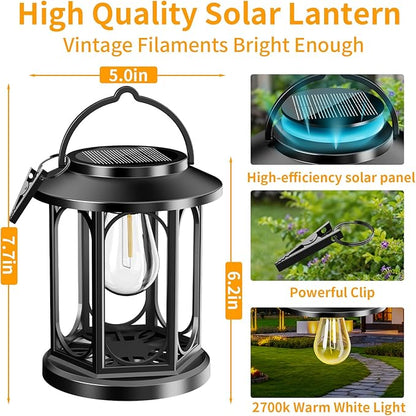 Solar Lanterns Outdoor Waterproof: Hanging Solar Lights with Handle & Clip for Outside Patio ,Porch ,Garden, Tabletop Decor - Bright LED Warm White Solar Powered Lighting，2 Pack