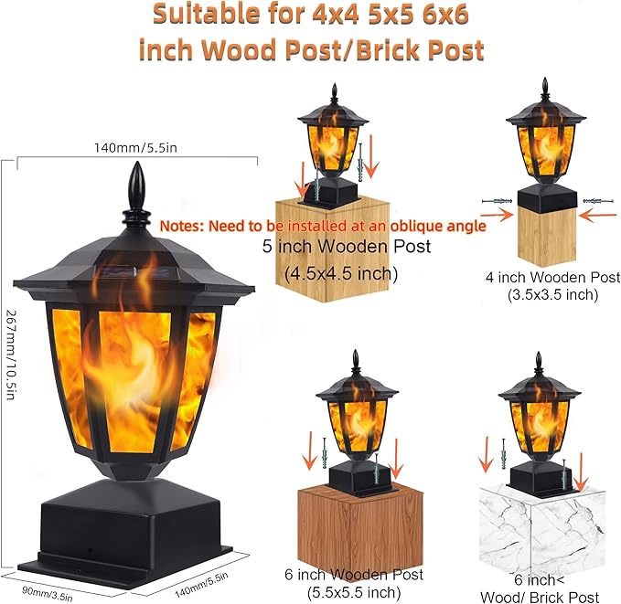 Dynaming Solar Flame Post Lights Outdoor, Solar Powered Lamps Fence Post Cap Lights, Flickering Flame LED Lantern Decorative Waterproof for Garden Deck Patio, Fit 4x4, 5x5 or 6x6 Wooden Posts, 4 Pack