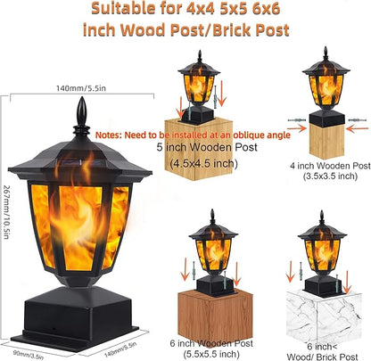Dynaming Solar Flame Post Lights Outdoor, Solar Powered Lamps Fence Post Cap Lights, Flickering Flame LED Lantern Decorative Waterproof for Garden Deck Patio, Fit 4x4, 5x5 or 6x6 Wooden Posts, 2 Pack