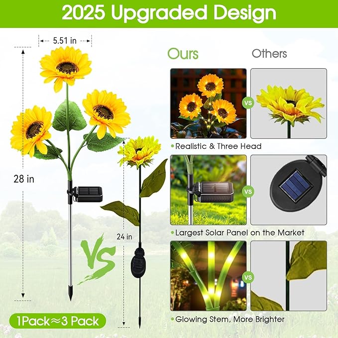 KOOPER Solar Lights Outdoor Decor - Upgraded 8 Pack Solar Garden Lights with 24 Sunflower Lights, Waterproof Solar Outdoor Lights Auto ON/Off Solar Decorative Lights for Garden, Patio, Yard