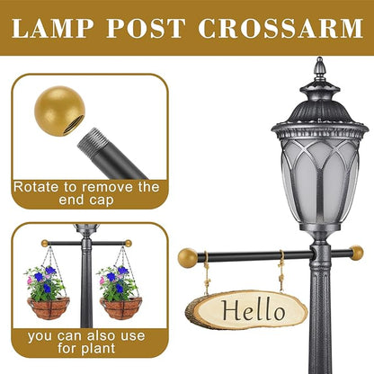 Canomo 15.75" Improved Lamp Post Cross Arm Ladder Rest with 1-3/8 Inches Threaded Metal Ball for Outdoor Lamp Posts and Poles, Black Bar with Brass Caps