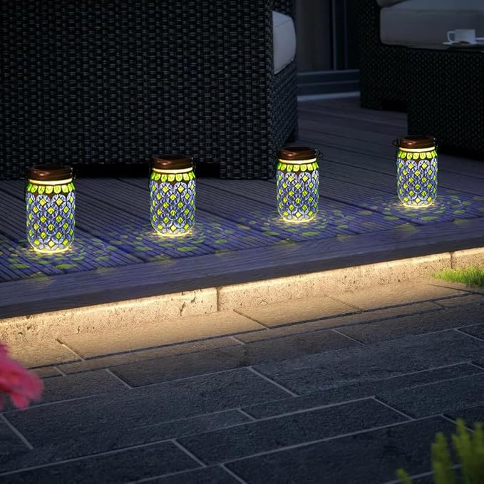 Stargarden 4 Pack Mosaic Solar Lantern , Outdoor Hanging Lantern Waterproof Table Lamp Mosaic Night Light for Tree, Garden, Patio, Yard, Outdoor(Blue Green)