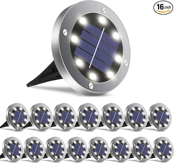 16-Pack White In-Ground Solar Lights, Flat LED Driveway