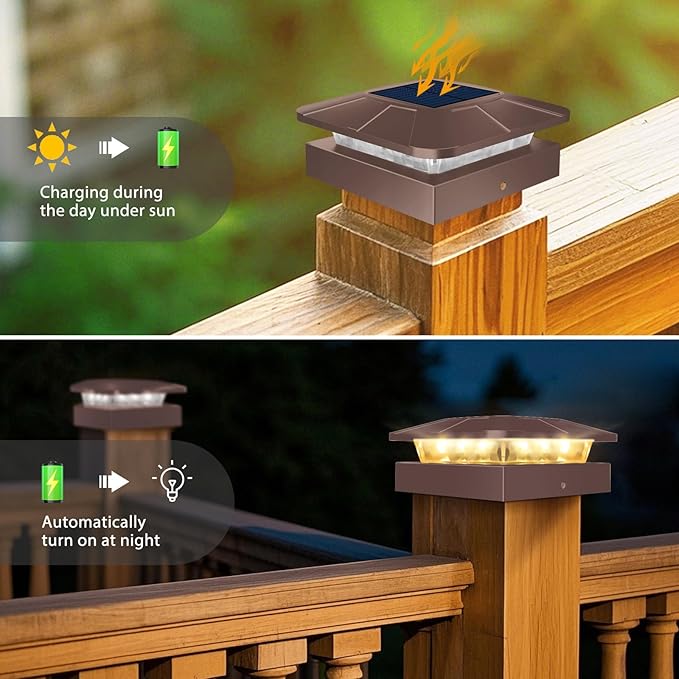 Peasur 4x4 Solar Post Cap Lights Outdoor with 3 Modes, Brown Fence Light Solar Powered Waterproof, Wood/Vinyl Deck Posts Lights for Deck Yard Garden Patio Porch Railing Outside