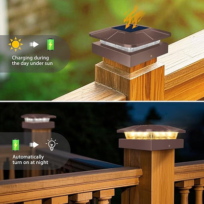 Peasur 4x4 Solar Post Cap Lights Outdoor with 3 Modes, 4 Packs Brown Fence Light Solar Powered Waterproof for 4x4 3.5x3.5 Wood/Vinyl Posts for Deck Yard Garden Patio Outside