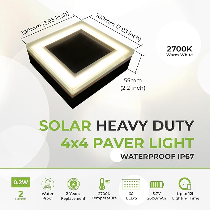 LUMENGY Solar Paver Light 4x4 Inch (3.93x3.93), Stainless Steel with Tempered Glass, 2700K Warm White Glare-Free Lighting for Driveways, Walkways and Patios, IP67 Waterproof, Drive-Over Rated V2