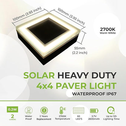 LUMENGY Solar Paver Light 4x4 Inch (3.93x3.93), Stainless Steel with Tempered Glass, 2700K Warm White Glare-Free Lighting for Driveways, Walkways and Patios, IP67 Waterproof, Drive-Over Rated V2