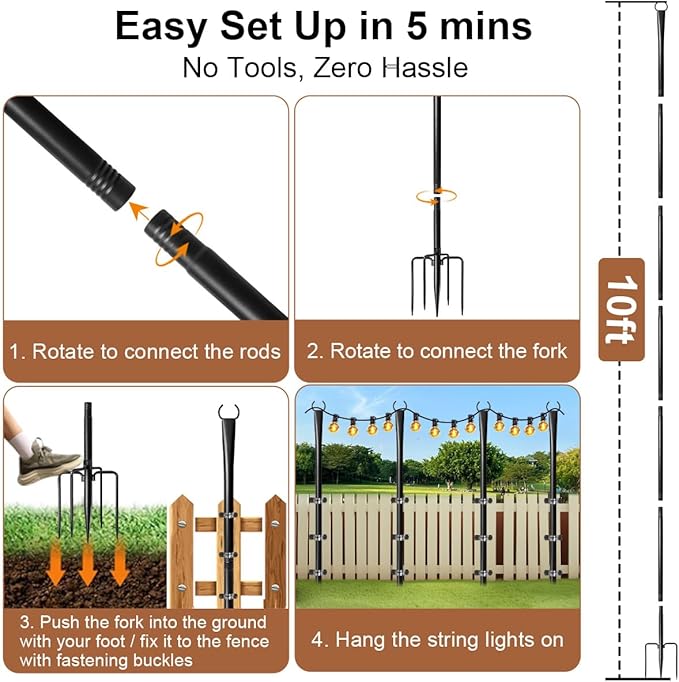 4 Pack String Light Poles for Outside, Upgraded Heavy-Duty Metal Light Poles for Outdoor String Lights with Fork, Adjustable Lighting Accessories for Patio Decor Backyard Pergola Garden Decorations