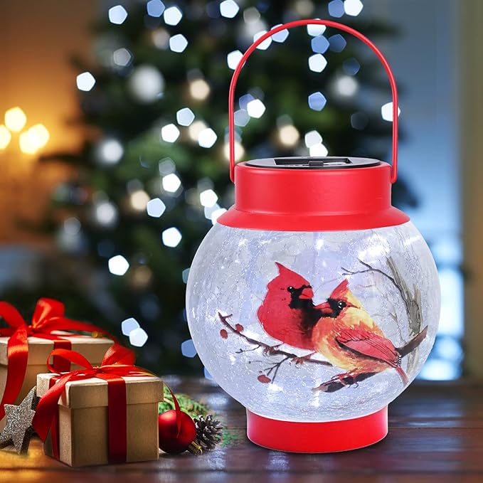 MUMTOP Solar Lantern Red Cardinal Light, Crackle Glass Hanging Solar Lights Outdoor LED Waterproof Tabletop Lamp for Table Yard Garden Patio Lawn Christmas Decorations
