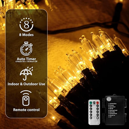 Battery Operated Christmas Lights, 33Ft 100 LED Warm White String Lights with Auto Timer & 8 Modes, Shatterproof Waterproof for Outdoor Indoor Wedding Party Home, Black Wire