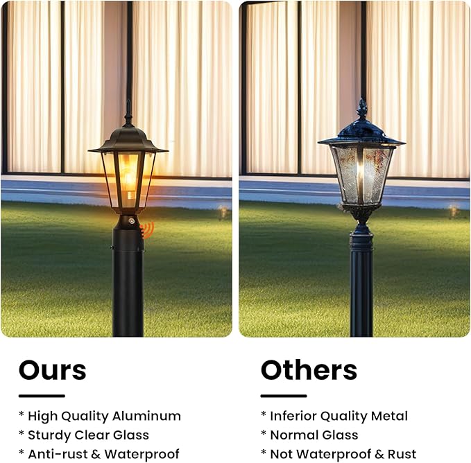 15" Dusk to Dawn Outdoor Post Light, Modern Black Outdoor Lamp Post Light Fixture, Lamp Posts Exterior Lighting Pole Lantern for Outside Porch Garage Street, Waterproof Aluminum & Glass, 1 Pack, E26