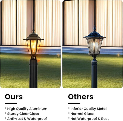 15" Dusk to Dawn Outdoor Post Light, Modern Black Outdoor Lamp Post Light Fixture, Lamp Posts Exterior Lighting Pole Lantern for Outside Porch Garage Street, Waterproof Aluminum & Glass, 1 Pack, E26