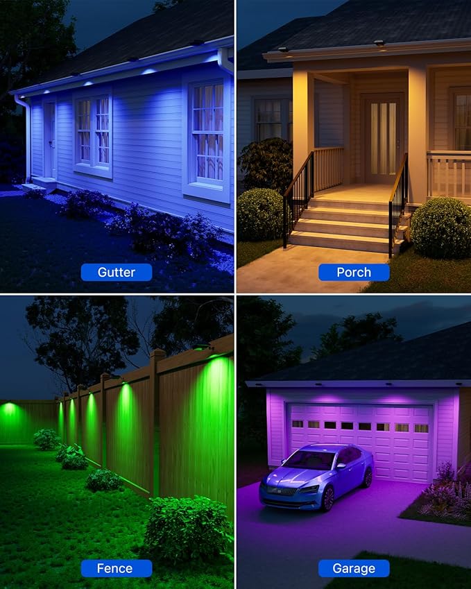 8 Pack Color Changing Solar Gutter Lights Outdoor Decorative 12 LED Waterproof Clip On Gutters Light for Eaves, Roof, Rainspout, Fence, Railing, Wall, Garage, House Porch, Deck, Yard, Cycle Modes(RGB)