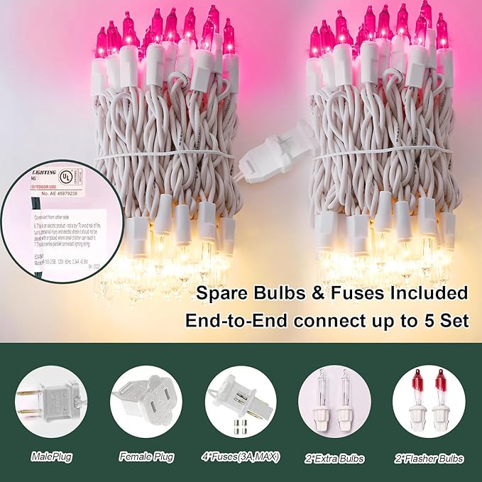 LAMPHOME Pink Clear Christmas Valentine's String Lights 100 Mini Incandescent Fairy Light，20 Ft White Wire Galentine's Day Lights Indoor & Outdoor Party Patio Bedroom Xmas Tree Garland Decoration
