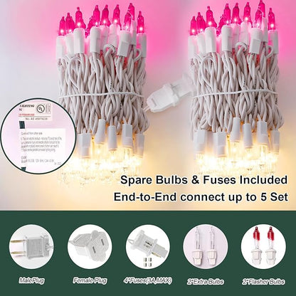 LAMPHOME Pink Clear Christmas Valentine's String Lights 100 Mini Incandescent Fairy Light，20 Ft White Wire Galentine's Day Lights Indoor & Outdoor Party Patio Bedroom Xmas Tree Garland Decoration