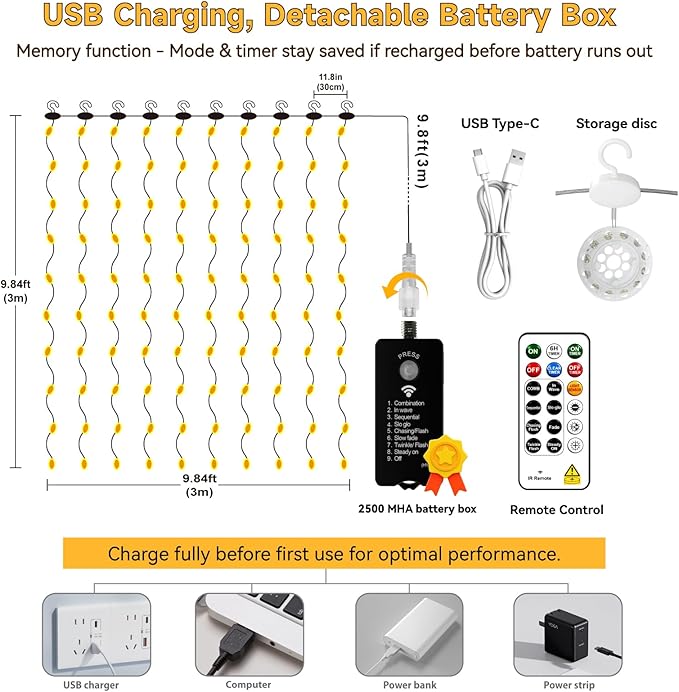 HXWEIYE Rechargeable 300LED Curtain Lights Battery Powered, 9.8x9.8Ft Outdoor Fairy String Lights with Remote & DIY Timer, 8 Modes Twinkle Light Waterproof for Indoor Backdrops Wedding, Warm White
