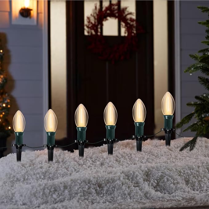 C9 Led Christmas Pathway Lights Outdoor, 38Ft 25 LED C9 Warm White Pathway Marker Stakes, Connectable Christmas Walkway Lights UL Listed for Yard Lawn Sidewalk Driveway Decorations