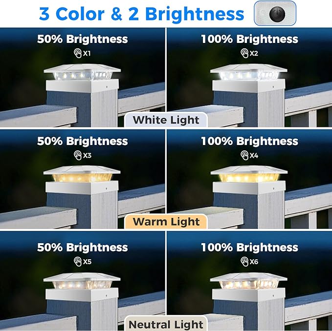 Peasur 6 Packs 4x4 Post Solar Lights with 3 Modes, Waterproof LED Solar Powered Cap Lights for 4×4/3.5×3.5 Wood/Vinyl Posts, White Post Top Lighting Outdoor for Fence Deck Mailbox Porch Railing