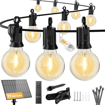 Brightown 158ft Solar String Lights, 77 Shatterproof LED Bulbs with Remote Control, Outdoor Patio & Cafe Lights