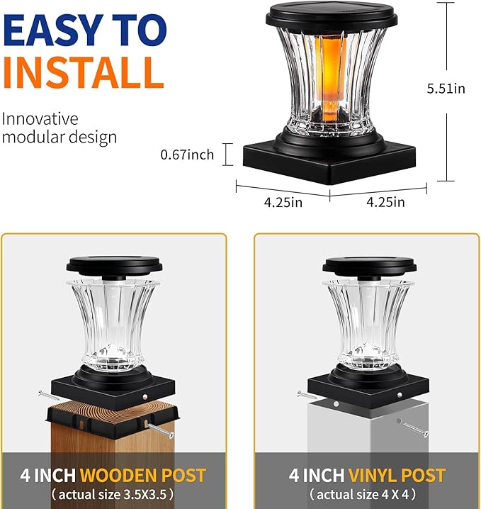 Glass Solar Flame Post Cap Lights Outdoor Waterproof, Flickering Flame Solar Powered Fence Post Lights with Modular Design, Auto On/Off for Deck, Patio, Garden, 4x4 Vinyl/Wood Posts (2 Pack)