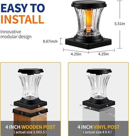Glass Solar Flame Post Cap Lights Outdoor Waterproof, Flickering Flame Solar Powered Fence Post Lights with Modular Design, Auto On/Off for Deck, Patio, Garden, 4x4 Vinyl/Wood Posts (2 Pack)