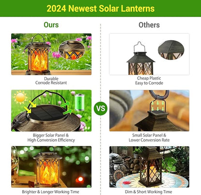 KOOPER 4 Pack Solar Lanterns Outdoor Waterproof, Upgraded Flickering Flame Solar Lantern Lights, Auto On/Off Lanterns Decorative Outdoor, Outdoor Hanging Lantern for Yard Garden Table Decor (Bronze )