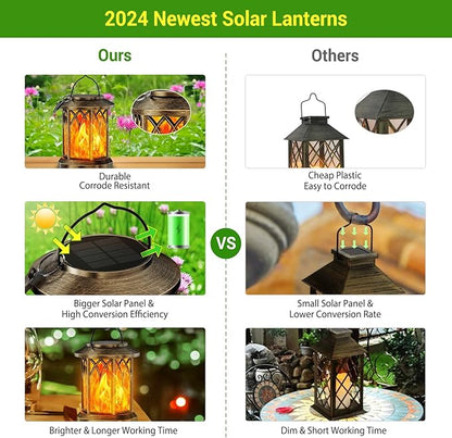 KOOPER 2 Pack Solar Lanterns Outdoor Waterproof, Upgraded Flickering Flame Solar Lantern Lights, Auto On/Off Lanterns Decorative Outdoor, Outdoor Hanging Lantern for Yard Garden Table Decor (Bronze )