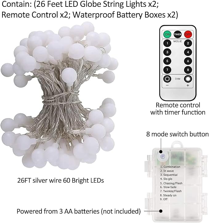Battery Operated LED Globe String Lights, 2-Pack Total 52FT 120LEDs - Each 26FT 60LEDs 8 Mode Waterproof Christmas Fairy String Lights with Remote for Home Bedroom Garden Wedding Party Decoration