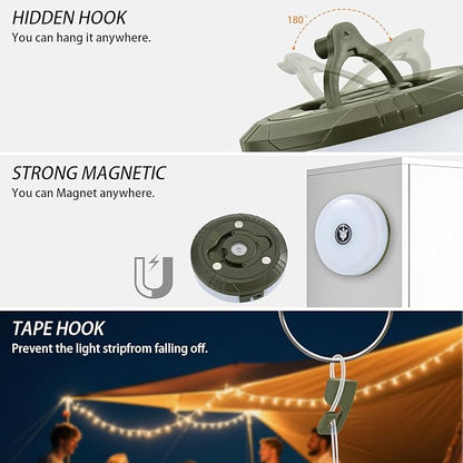 3-Pack Camping String Lights, 4 in 1 Portable Camping Light Rechargeable, 8 Lighting Modes, USB Charging, Quick Storage, 32.8FT Waterproof Tent Lights String for Camping, Hiking, Yard, Christmas