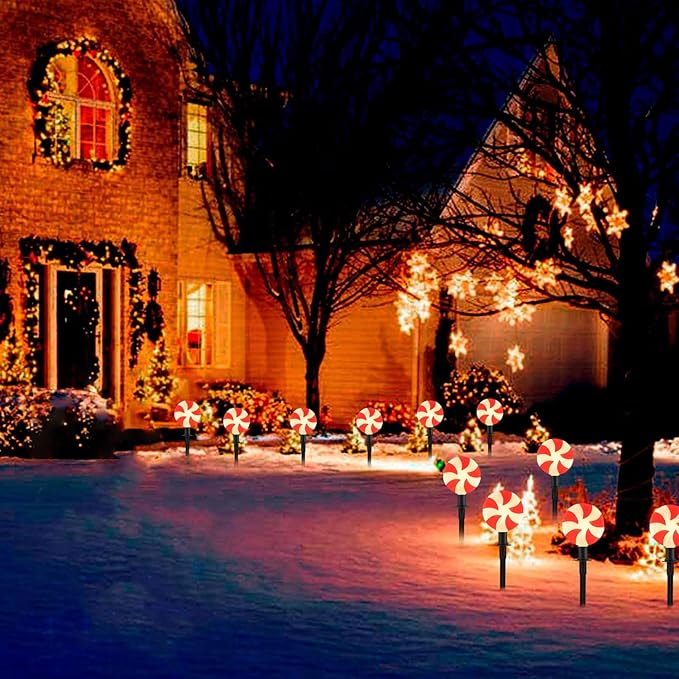 Outdoor Lollipop Christmas Pathway String Lights, 7 Feet C9 Christmas Yard Candy Shape Decorations Driveway Markers Stake Lights, Connectable Garden Markers Light for Outdoor Walkway Decor