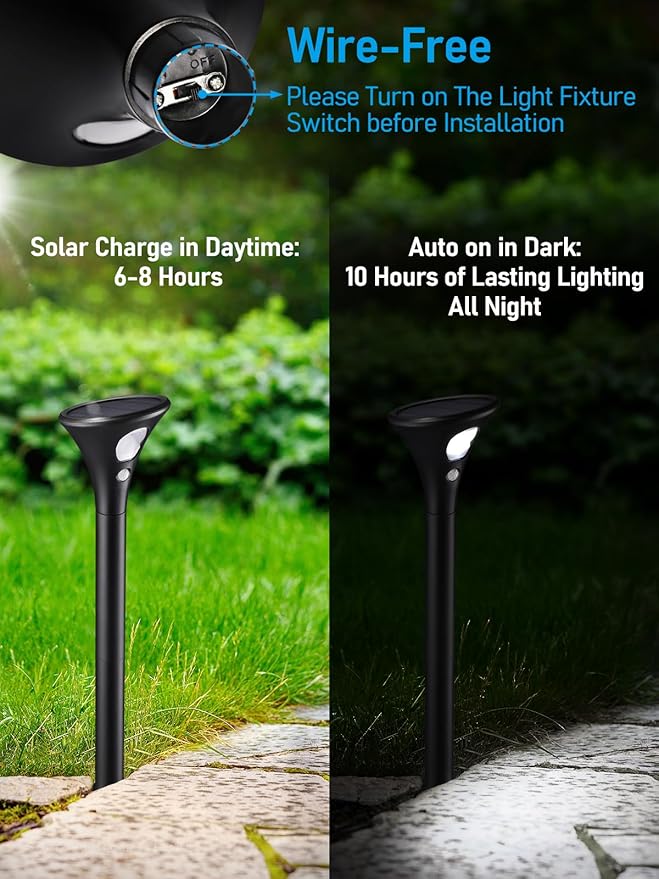 LEONLITE LED Solar Powered Motion Sensor Pathway Lights, Battery Powered Outdoor Solar Landscape Lights, Walkway Light for Yard Garden Lawn, All Night Long Lighting 6500K Pure White, Pack of 4