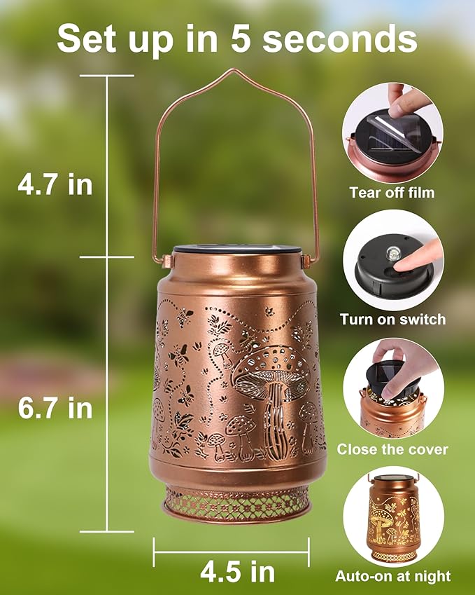 2 Pack Mushroom Solar Lanterns Outdoor Waterproof, Garden Decor Birthday Gifts for Women Mom Grandma Sister, Metal Hanging Solar Lights Outside Decorative for Backyard Patio Lawn Pathway Landscape