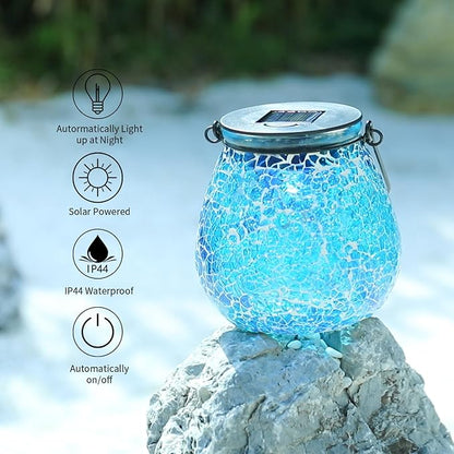 Afirst Mosaic Solar Lanterns Outdoor - Glass Hanging Solar Lights Hollow Out Waterproof Table Lamp Outdoor Decorative for Garden, Patio, Holiday Party Outdoor Decoration