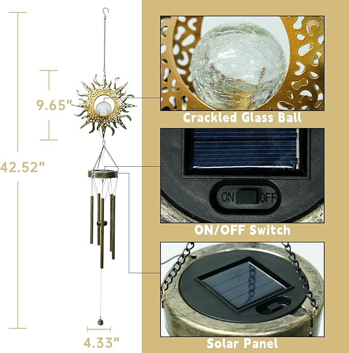 Ferrisland Solar Wind Chimes for Outside Clearance, Sun Windchimes Outdoors for Porch Patio with Crackle Glass Ball LED Light, Waterproof Metal Outdoor Hanging Decor for Women Wife Mom