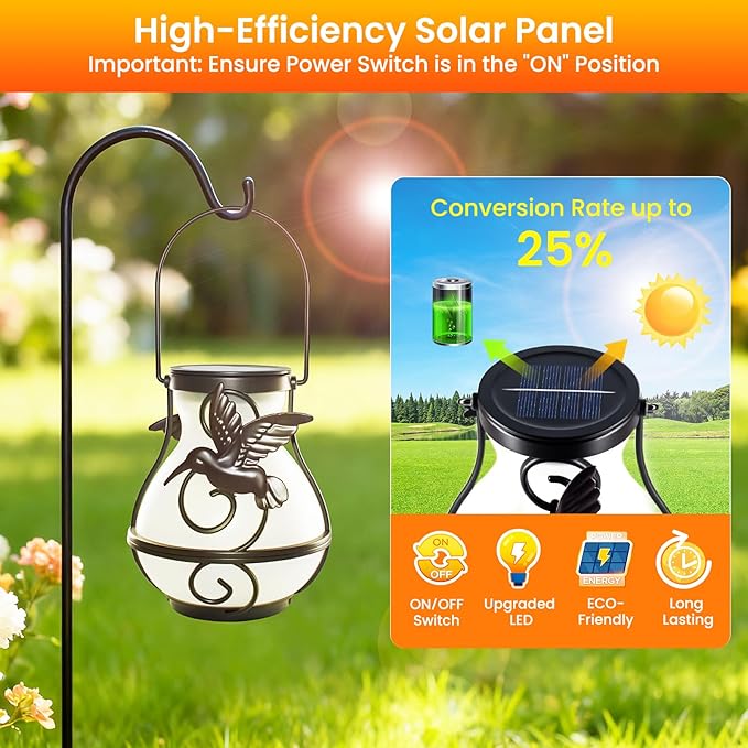 2P Solar Lanterns Outdoor Waterproof, Hanging Metal Hummingbird Flickering Flame Solar Lights Outdoor for Patio Garden Decorative Lights Perfect Gift