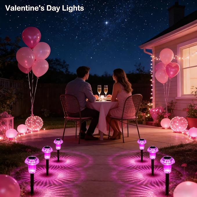 Valentine's Day Solar Lights Outdoor 8 Pack Mother's Day Solar Pathway Lights Outdoor Pink Purple Mushroom LED Waterproof Lighting Stake for Women Outside Yard Path Garden Lawn Landscape
