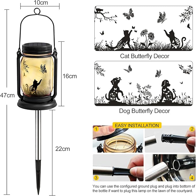 2 Pack Cat Solar Lanterns Outdoor, Cat & Dog Butterfly Vintage Glass Mason Jar, Birthday Mothers Day Gifts for Mom, Grandma, Women, Waterproof Garden Lights for Patio Yard Lawn Tree Decor