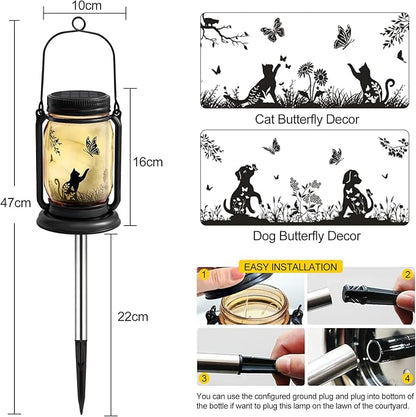 2 Pack Cat Solar Lanterns Outdoor, Cat & Dog Butterfly Vintage Glass Mason Jar, Birthday Mothers Day Gifts for Mom, Grandma, Women, Waterproof Garden Lights for Patio Yard Lawn Tree Decor