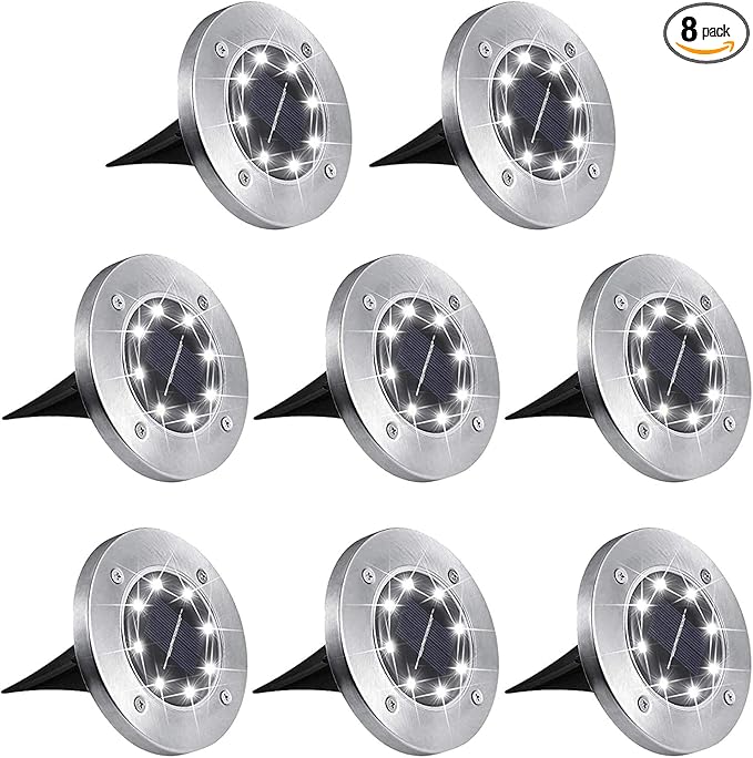 Solar Flat Disk Lights 8-Pack, Waterproof Garden
