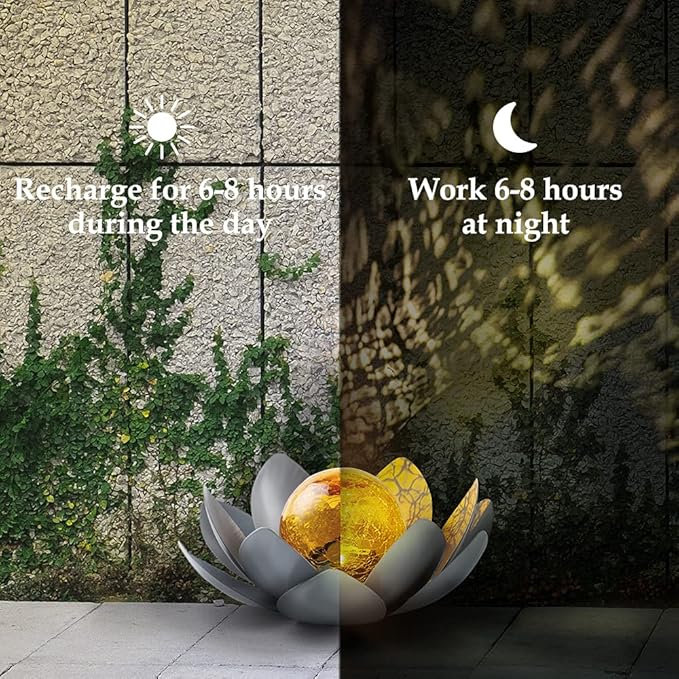 Huaxu Solar Lights Outdoor Garden Decor, Amber Crackle Globe Glass Lotus Decoration,Waterproof Gray Metal Flower Light for Patio,Lawn,Walkway,Tabletop,Ground