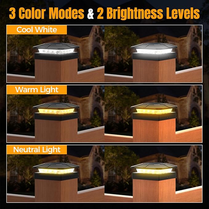 4x4 Solar Post Cap Lights Outdoor [6 Pack Waterproof IP65], 3 Lighting Modes for Fence Deck Patio Garden Decor, Dusk-to-Dawn Solar Powered Post Lights Fit 4x4 Wood/Vinyl