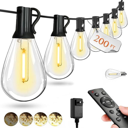 200FT LED Outdoor String Lights with Remote, Dimmable Timing 3 Light Modes Outside Patio Lights for Backyard Porch Deck Garden Balcony Pool Party Hanging Lighting Decor