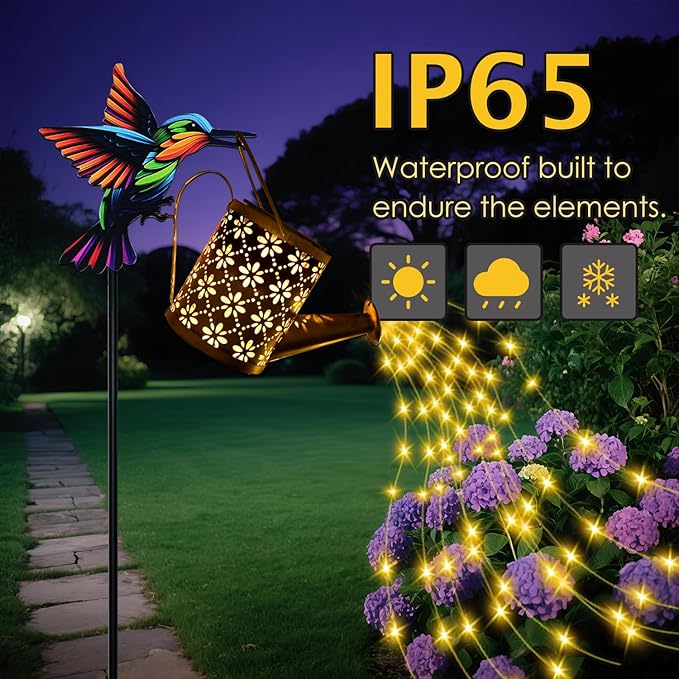 Solar Watering Can with Cascading Lights Outdoor Garden Decor, Hummingbird Shaped Hook Gardening Gifts for Mom Women Grandma Birthday, Solar Lights for Garden Decorations Patio Yard Lawn Backyard