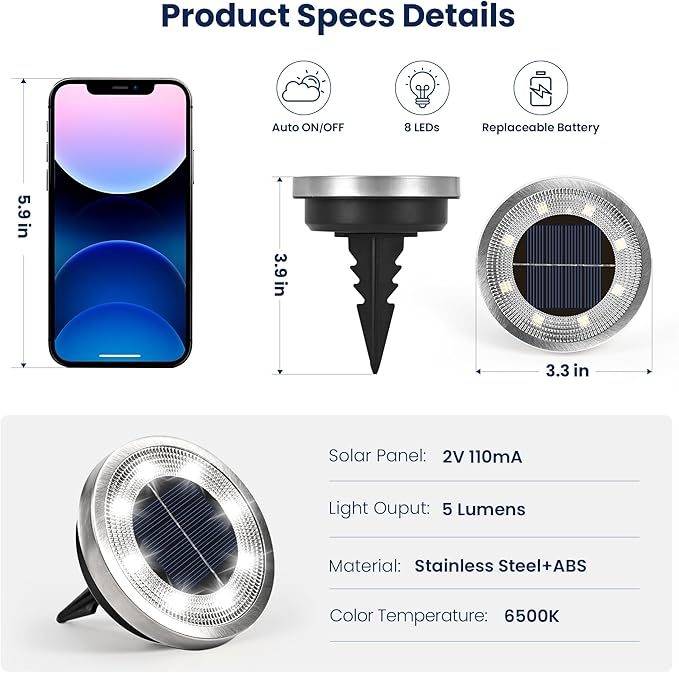 Solar Flat Disk Lights 10-Pack, Waterproof Garden