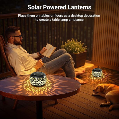 2 Pack Solar Lanterns Outdoor Waterproof Lights, Black Hollow Out Metal Table Light, Unique Gardening Gifts for Women Mom, Outside Garden Yard Balcony Indoor Tabletop Decorations, 2 Modes