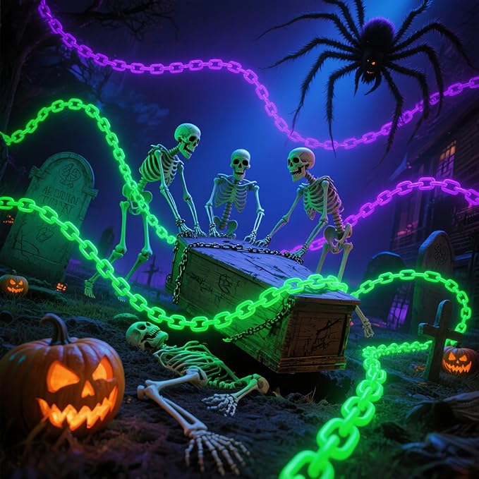 10Ft Purple Halloween Chain Lights Battery Operated with Timer, 8 Modes Halloween Decorations Indoor Outdoor, Waterproof Lighted Plastic Chains for Haunted House Party Cosplay Props Skeleton Dog